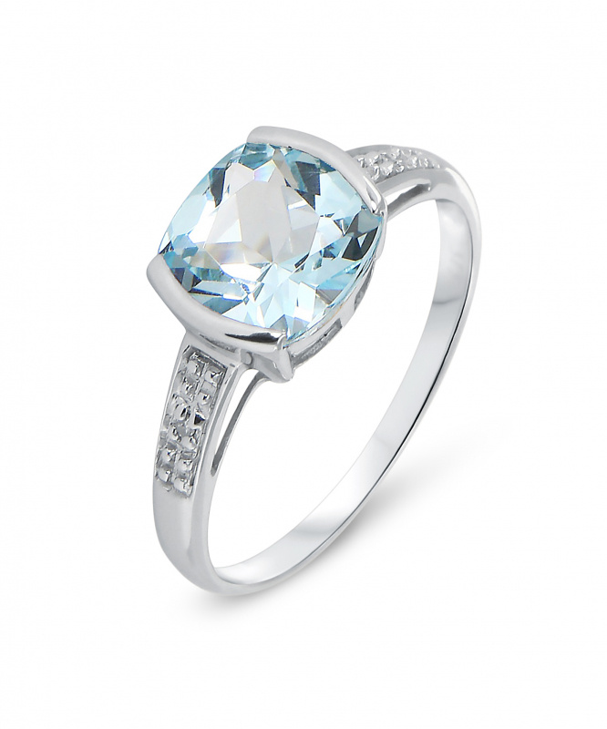 Bague Topaze bleue traitée Coussin 8mm et Diamant en Or