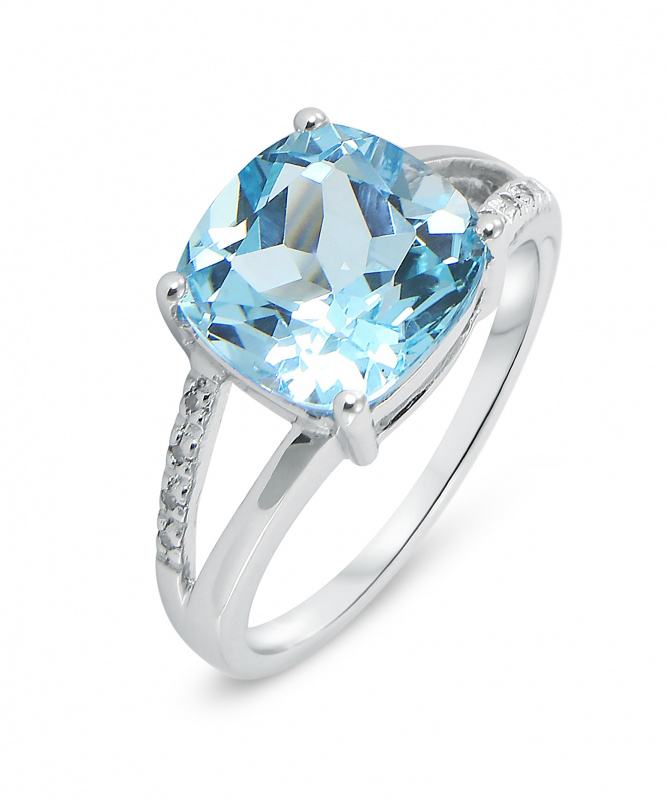 Bague Topaze bleue traitée Coussin 10mm et Diamant Or Blanc