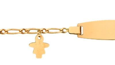  Gourmette b&eacute;b&eacute; en Or Jaune 750/1000<br />Maille figaro altern&eacute;e 1+1 de 1,5mm de large<br />Breloque silhouette fille<br />Longueur 14,5cm<br />Plaque de 2cm de long par 5,8mm de large<br />Anneau interm&eacute;diaire &agrave; 12,5cm.