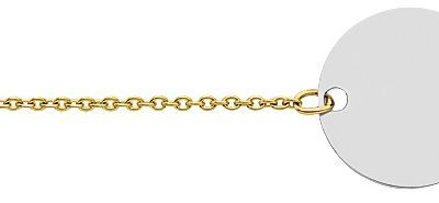  Bracelet identit&eacute; 2 Ors 750
Maille for&ccedil;at ronde de 1,2mm de large
Longeur du bracelet : 14cm - Anneau interm&eacute;daire &agrave; 12,5cm
Diam&egrave;tre de la plaque : 14mm
Le pr&eacute;nom serait grav&eacute; perpendiculairement au bracelet