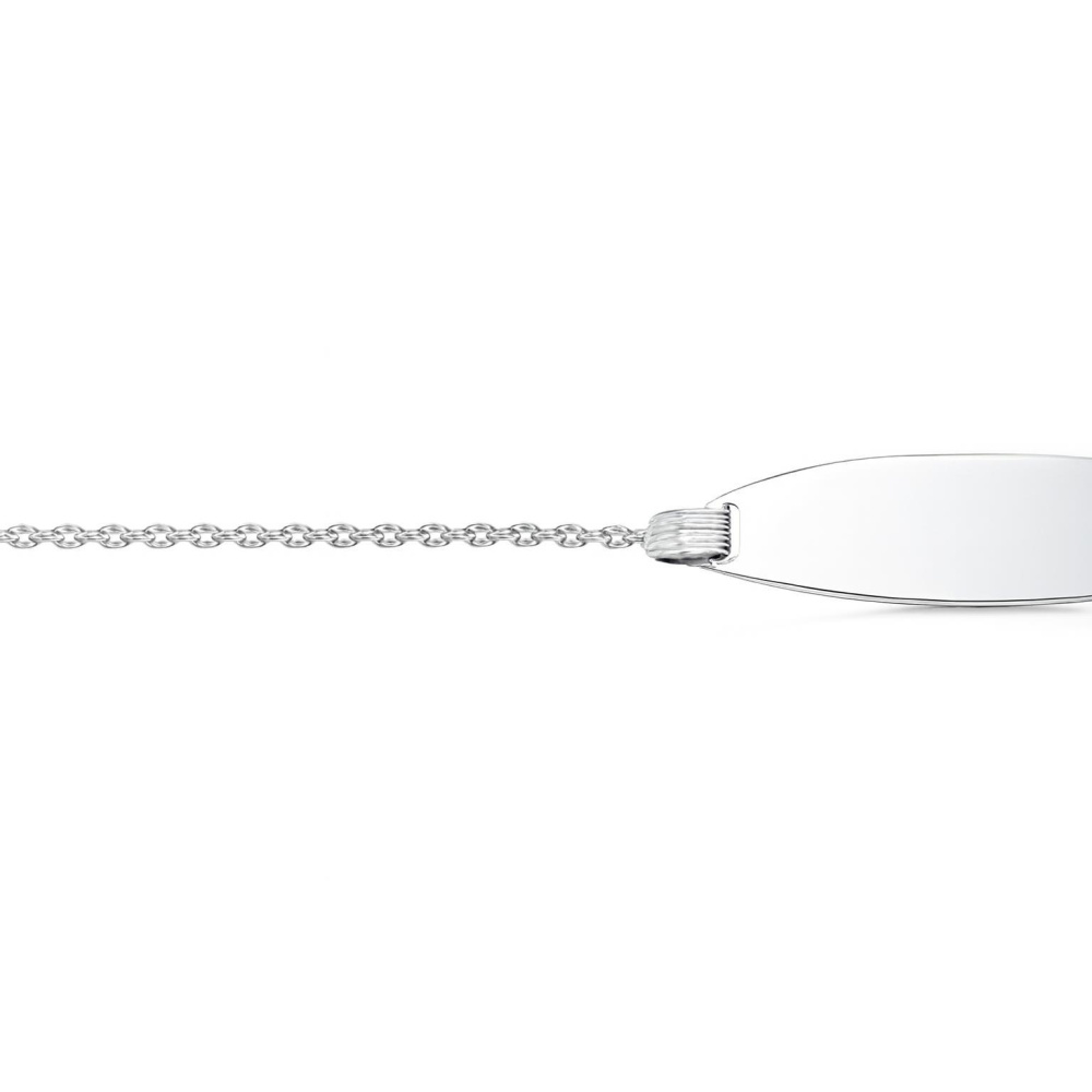  Bracelet identit&eacute; en Or Blanc 750
Maille for&ccedil;at de 1mm de large
Longeur du bracelet : 14cm - Anneau interm&eacute;daire &agrave; 12,5cm
Dimensions de la plaque : 20 x 7 mm