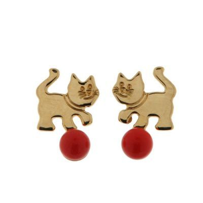 Boucles d'oreilles Or  chat et corail