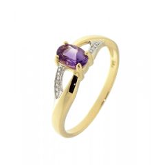 Bague Améthyste Ovale 6x4mm et Diamant en Or Jaune 375
