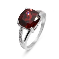 Bague Grenat Coussin 10mm et Diamant Or Blanc 375