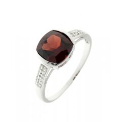Bague Grenat Coussin 8mm et Diamant en Or Blanc 375