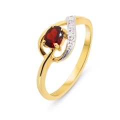 Bague Grenat Ovale 5x4mm et Diamant en Or Jaune 375
