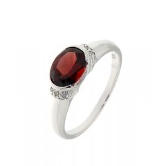 Bague Jonc Or Blanc 375 Grenat Ovale 8x6mm et Diamant
