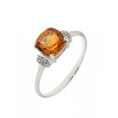 Bague Or Blanc 375 Citrine Coussin 7mm et Diamant
