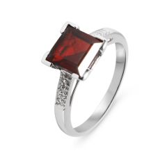 Bague Or Blanc 375 Grenat Carré 8x8mm et Diamant