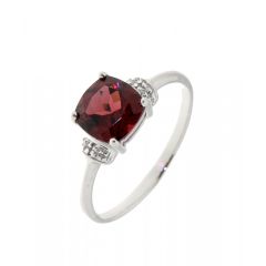 Bague Or Blanc 375 Grenat Coussin 7mm et Diamant