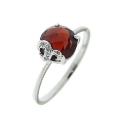 Bague Or Blanc 750 Grenat Rond 8mm et Diamant