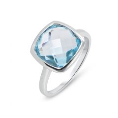 Bague Or Blanc Topaze Bleue Traitée Coussin 10mm