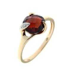 Bague Or Jaune 750 Grenat Rond 8mm et Diamant