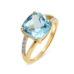 Bague Topaze bleue traitée Coussin 10mm et Diamant Or Jaune 375