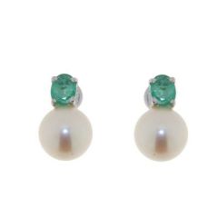 Boucles d'oreilles Or Blanc Emeraude et Perle