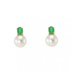 Boucles d'oreilles Or Jaune Emeraude 4x3mm et Perle 6mm