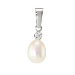 Pendentif Or Blanc Perle 10x7mm et Oxyde