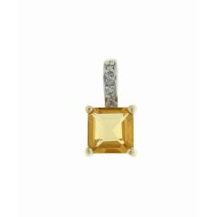 Pendentif Or Jaune 375 Citrine Carrée 6x6mm et Diamant