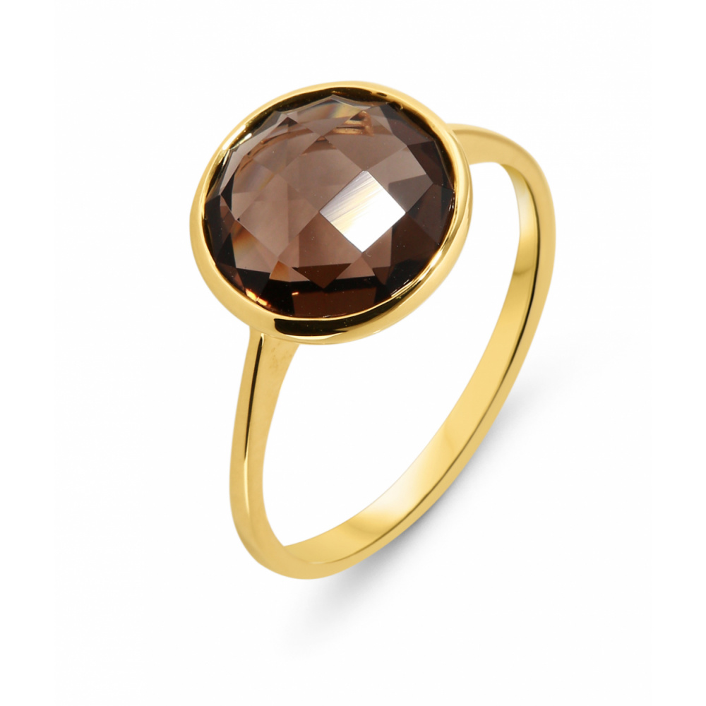 Bague Or Jaune 750 Quartz Fume Rond 10mm Ref. 31500 Bijouterie Trabbia Vuillermoz