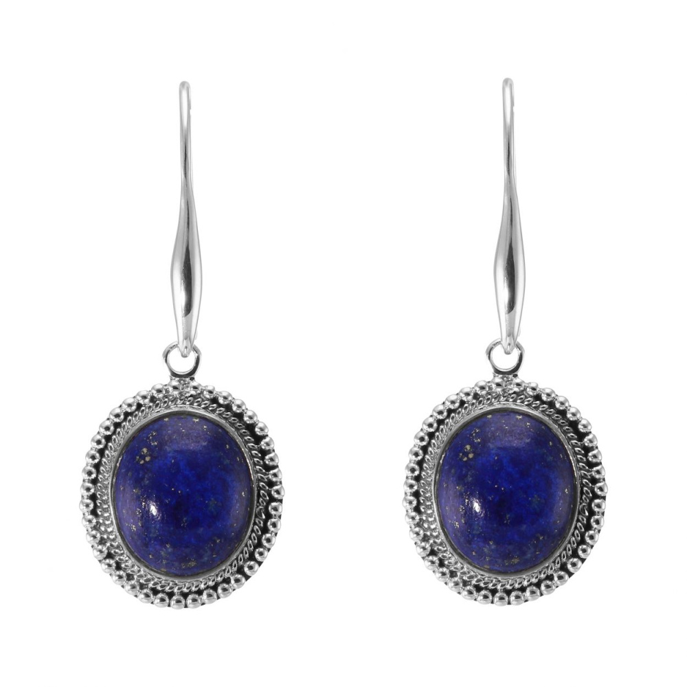 Boucles D'oreilles Pendantes Argent 925 Et Lapis-lazuli - Style Ethnique - Fermoir à Clips
