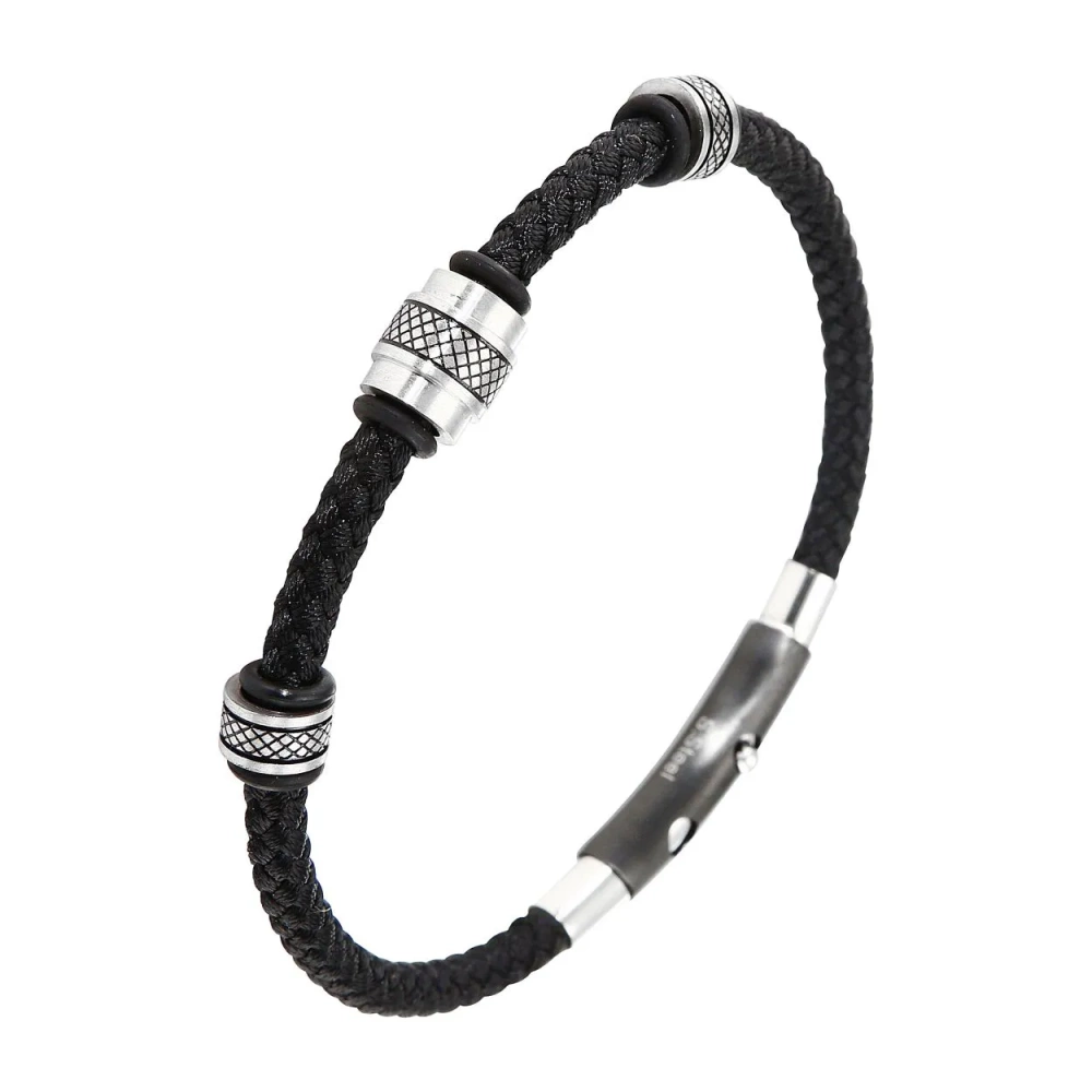 Bracelet Homme Tissus Noir Tresse Acier Et Caoutchouc 0 7x22cm Ref 47372