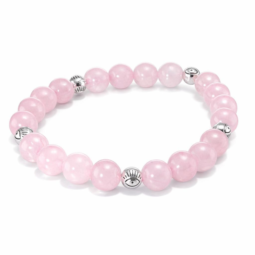 Bracelet En Quartz Rose Avec Ange Gardien - 20 Pierres 8mm, Extensible 18cm - Cadeau Amour, Bonheur, énergie Positive