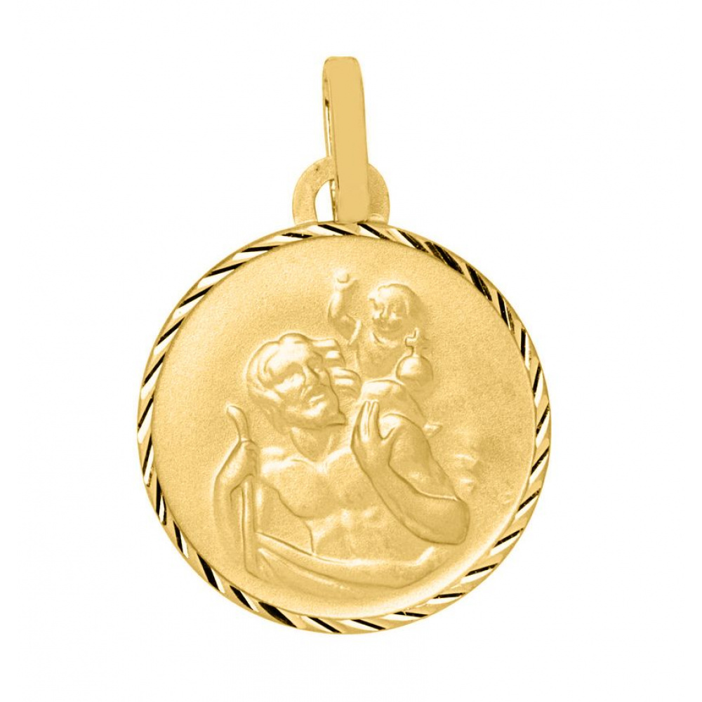 Médaille Or Jaune 750 Saint-Christophe ronde diamantée (15mm) Ref