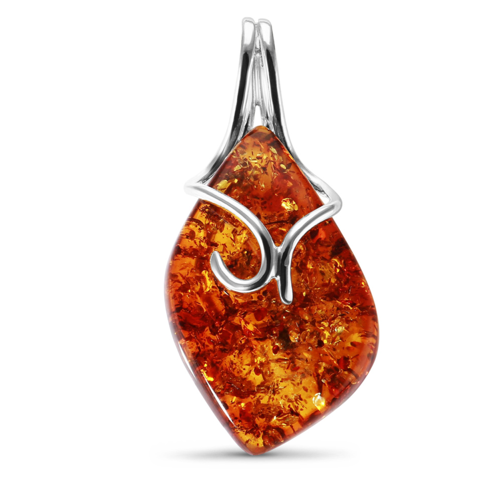 Pendentif Argent 925 Avec Ambre - Pierre Marron Naturelle - Bijou Neuf Sans Emballage