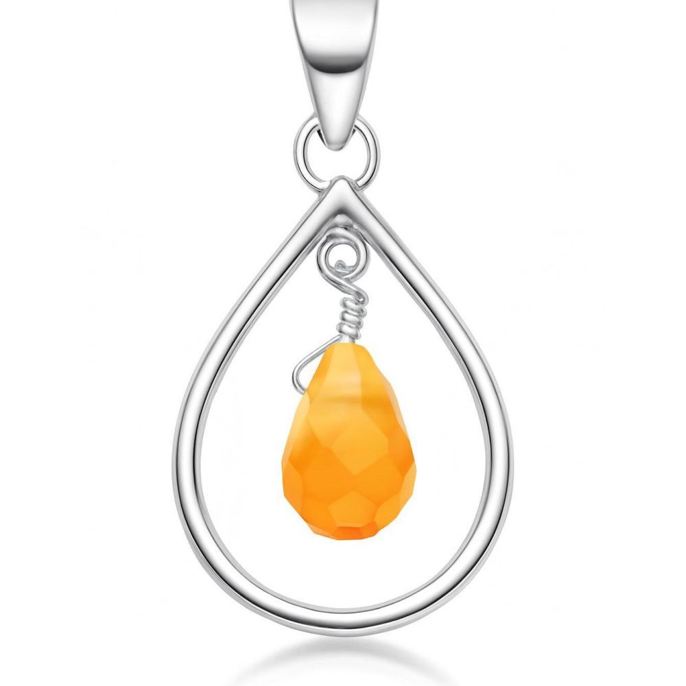 Pendentif Poire Ambre Argent 925 Vintage – Bijou Pierre Précieuse – Neuf