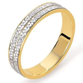  Alliance fantaisie bicolore (or jaune / or gris) 2 anneaux encastrés or gris Lapidage motifs diamantés Base or jaune Inté...
