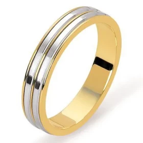  Alliance bicolore (or jaune / or gris) Deux anneaux brillants encastrés Base or jaune Intérieur plat Largeur : 4mm 