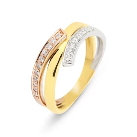  Bague 3 ors 750 Diamant Pavage diamant sur les parties or blanc or rose Poids total diamant : 0.19 carat 