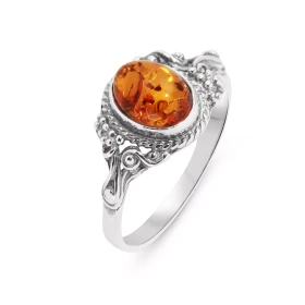 Bague Argent 925 une pierre Ambre ovale 8x6mm Monture très travaillée une partie oxydée Largeur monture (sur doigt, vue de...