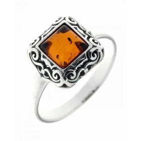 Bague Ambre Carrée 6x6mm sur Argent 925 Pierre d ambre carrée 6x6mm Monture ouvragée Largeur monture (sur doigt, vue dessu...