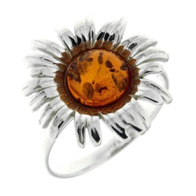 Bague Ambre Motif Fleur sur Argent 925 Ambre ronde 8mm diamètre Monture forme fleur Largeur monture (sur doigt, vue dessus...