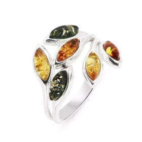 Bague Ambre Multicolore sur Argent 925 Magnifique bague Argent 925 Ambre multicolore (couleurs : vert, miel cognac) Caboch...