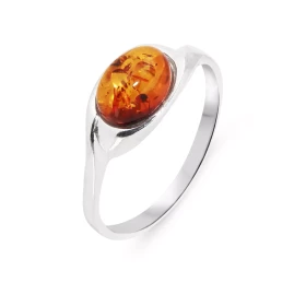 Bague Argent 925 une pierre Ambre ovale 8x6mm Largeur monture (sur doigt, vue dessus) : 7,5mm 