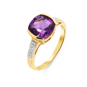 Bague Améthyste Diamant Or Jaune 375 Cette bague Or 375 est sertie d une Améthyste taille coussin La pierre mesure 8x8mm, ...