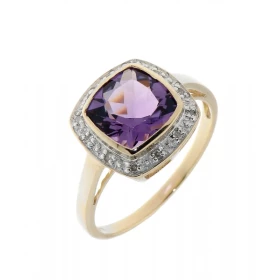  Bague Améthyste Diamant Or 375 2tons Améthyste taille coussin 8x8mm La pierre centrale est serti clos L entourage est com...