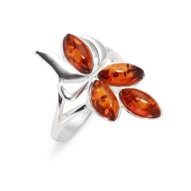 Bague Argent 925 pierres d Ambre Motif original 4 petites pierres 8x4mm forme navette Largeur monture (sur doigt, vue dess...