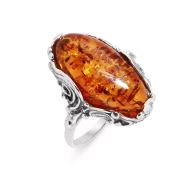 Bague Argent 925 une pierre Ambre ovale 20x10mm Largeur monture (sur doigt, vue dessus) : 21mm 