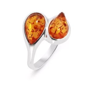 Bague Argent 925 Ambre style Toi & Moi sertie pierres forme poire Largeur sur doigt (vue dessus) : 15 mm 