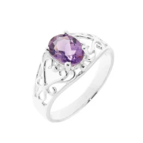 Bague Argent Améthyste Magnifique bague ajourée d arabesques sertie d une pierre ovale Dimensions pierre : 8x6mm Pierre ma...