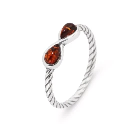 Bague Argent 925 Ambre couleur cognac forme signe infini Cabochons d ambre forme poire Largeur bague (sur doigt, vue dessu...