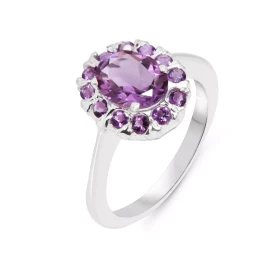  Bague Argent 925 Am&eacute;thyste sertie d une pierre 9x7mm 12 pierres 2mm Dimensions du motif : 13x12mm 