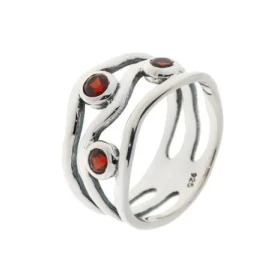 Bague Argent 925 Grenat , monture ouvragée style ethnique sertie 3 pierres 3mm