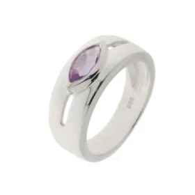 Bague Argent 925 Améthyste , modèle large ajouré serti d une pierre taille navette 8x5mm 