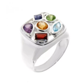  Bague Argent 925 sertie 6 pierres fines : grenat, péridot, améthyste, iolite, citrine topaze bleue La largeur bague est 1...