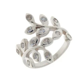 Bague Oxyde Zirconium, monture Argent 925 2 feuilles constituées 7 oxydes blancs 2.5mm diamètre Largeur l anneau vue dessu...