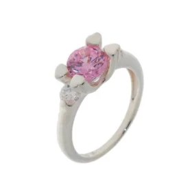 Bague Oxyde Zirconium, monture Argent 925 1 oxyde rose 7mm diamètre serti 4 griffes forme coeur 2 oxydes blancs 4mm diamèt...